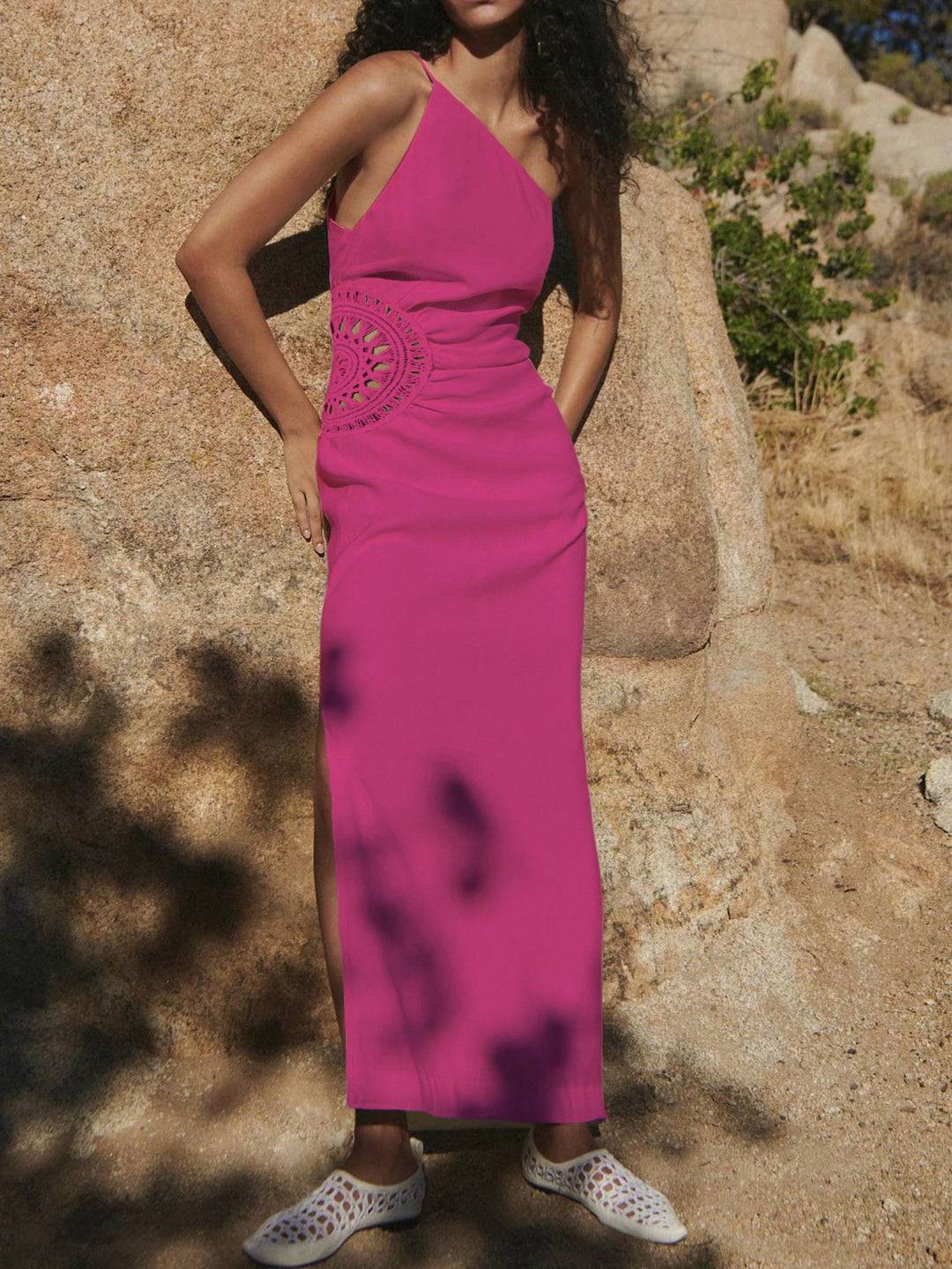 Pink Asymmetric Neck Waist Detail Dress