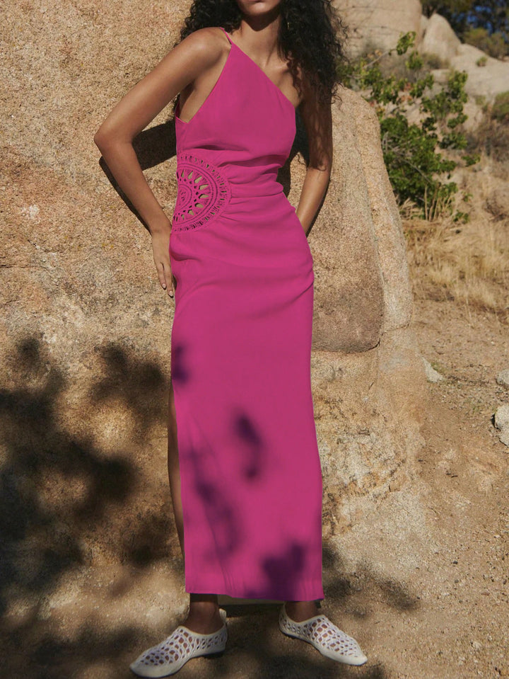 Pink Asymmetric Neck Waist Detail Dress