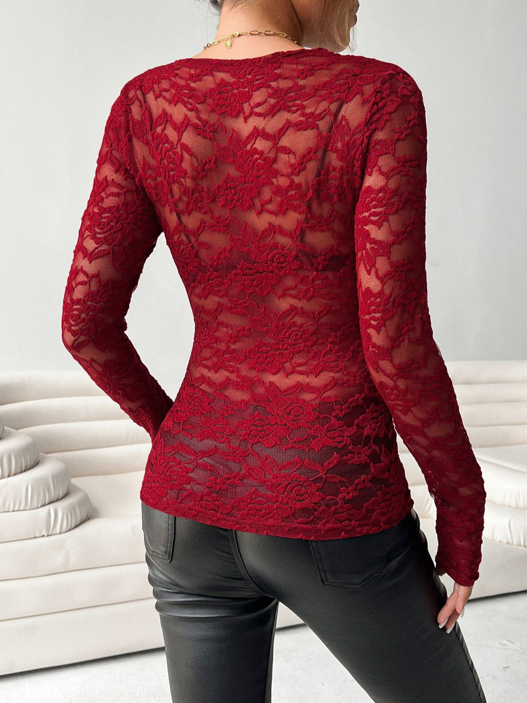Red Full Sleeve Plunging Neck Mesh Top