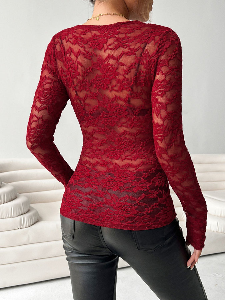 Red Full Sleeve Plunging Neck Mesh Top