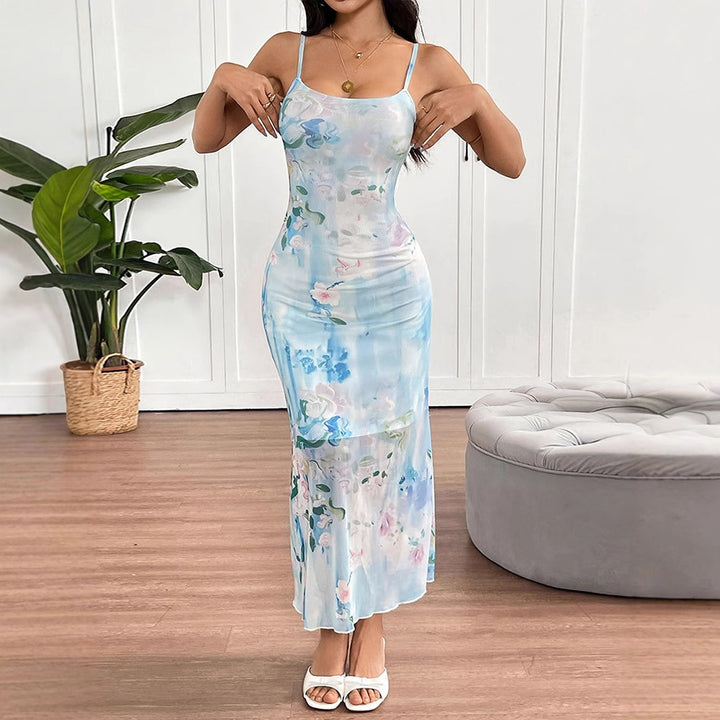 Blue Strappy Printed Maxi Dress
