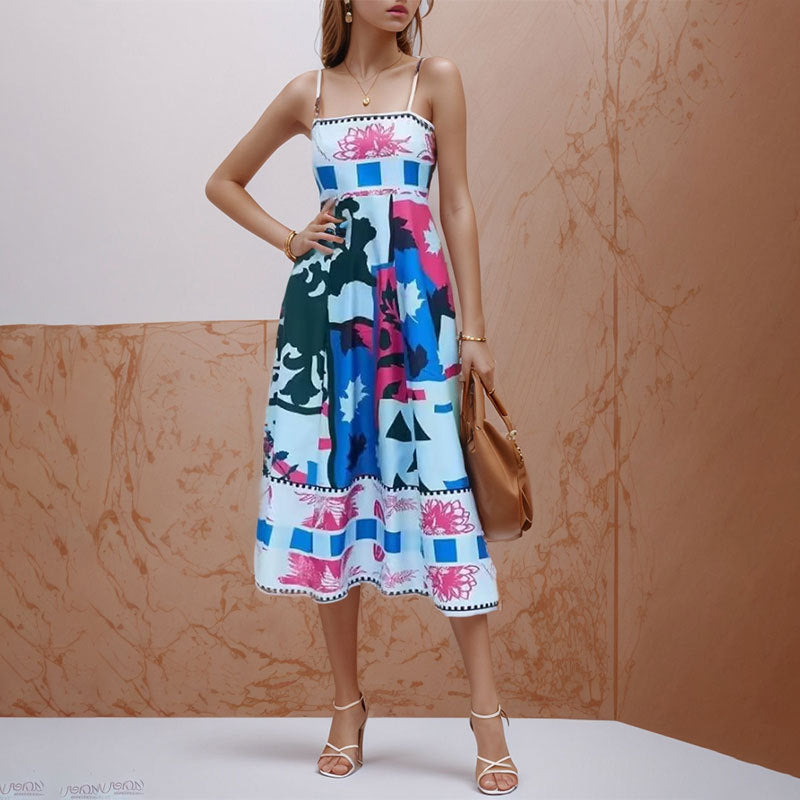 Blue Abstract Print Midi Dress