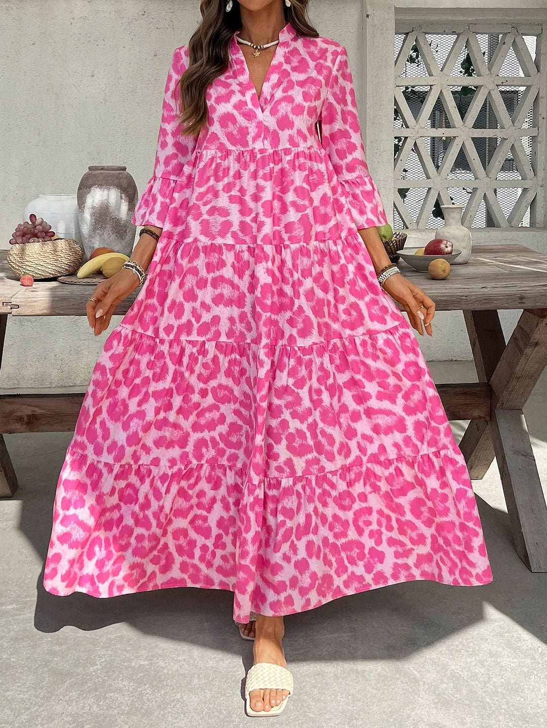 Pink Printed Tiered Maxi Dress