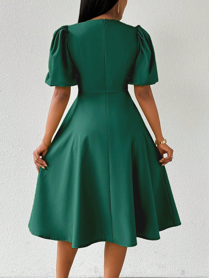 Green Puff Sleeves Fit And Flare Dress