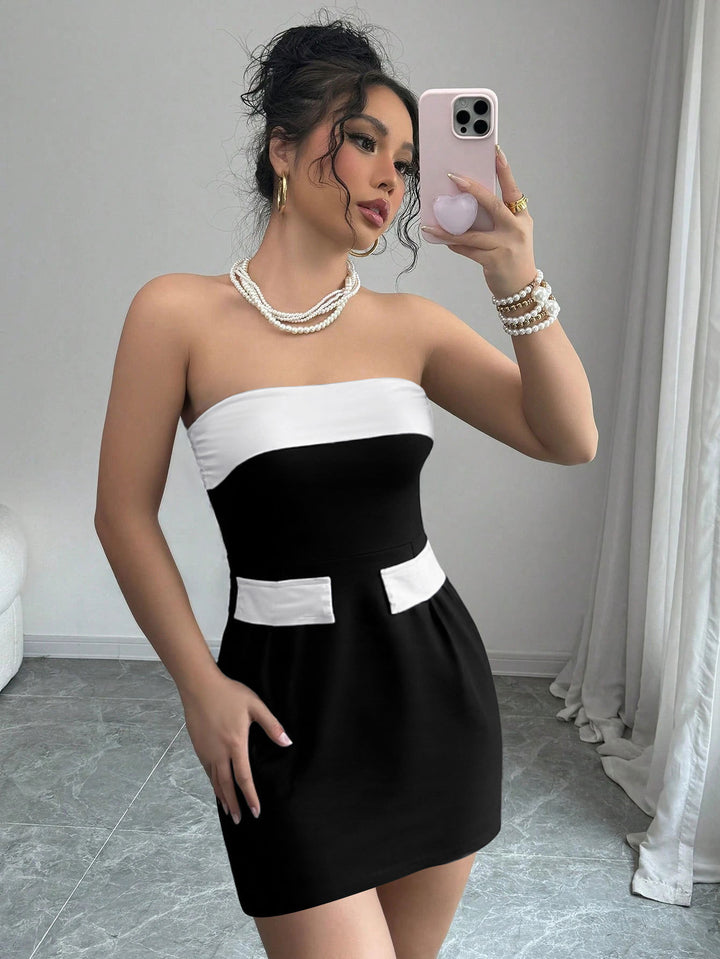 Black Off-Shoulder Contrast Colour Dress