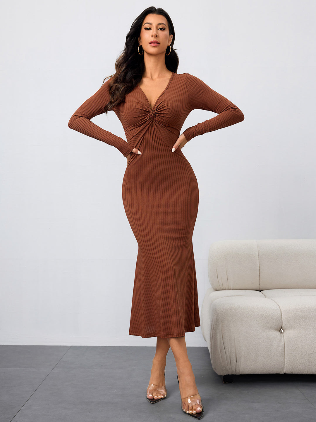 Brown Full Sleeve Front Twisted Dress