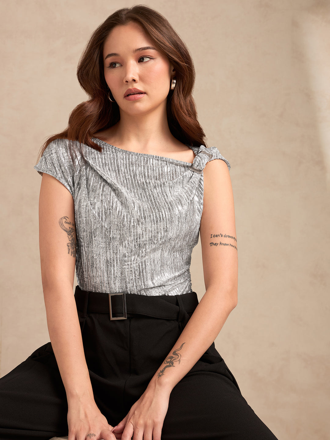 Silver Metallic Textured Twisted Strap Top