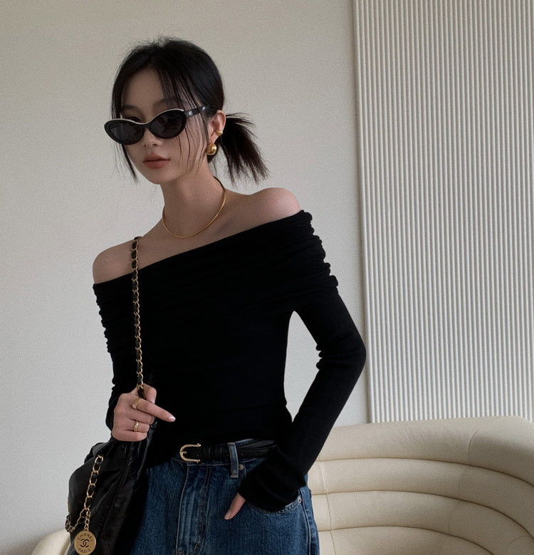 Black Full Sleeve Off Shoulder Twisted Neck Fitted Top