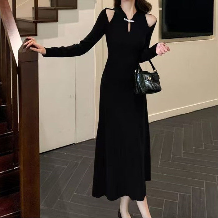 Black Fit And Flare Dress With Cut Out Shoulder