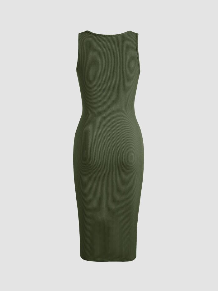 Olive Rib Dress With Side Rouched Slit