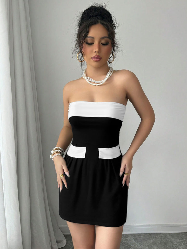 Black Off-Shoulder Contrast Colour Dress