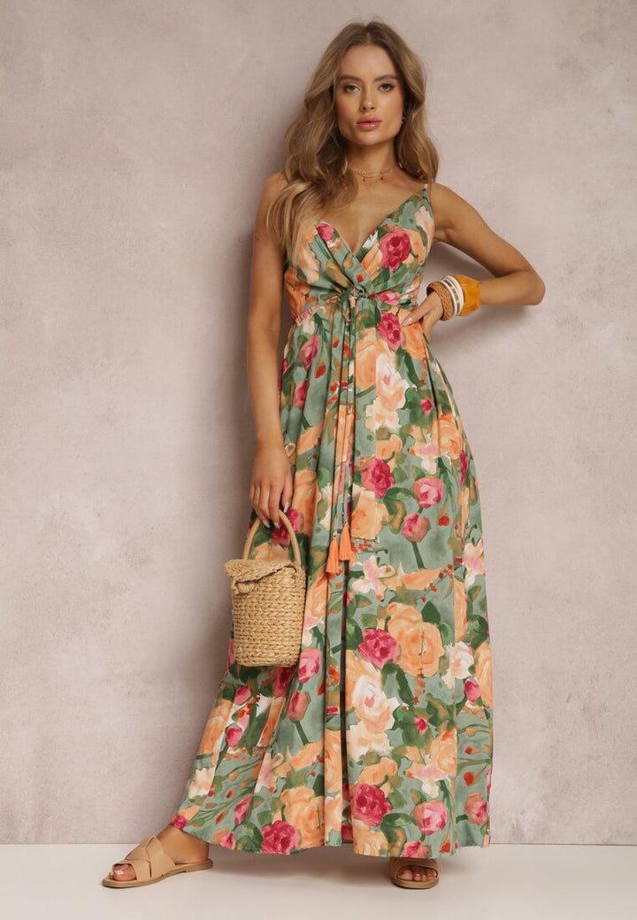 Green Shoulder Strap V Neck Printed Dress