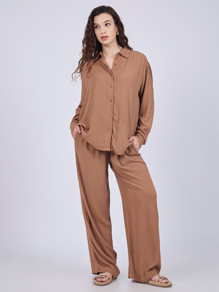 Brown Easy Shirt And Pull On Pants Co-Ord Set