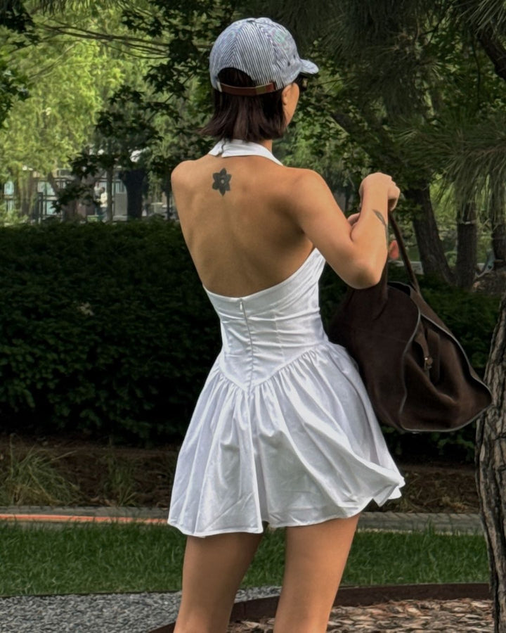 White Halter Neck Balloon Bottom Mini Dress