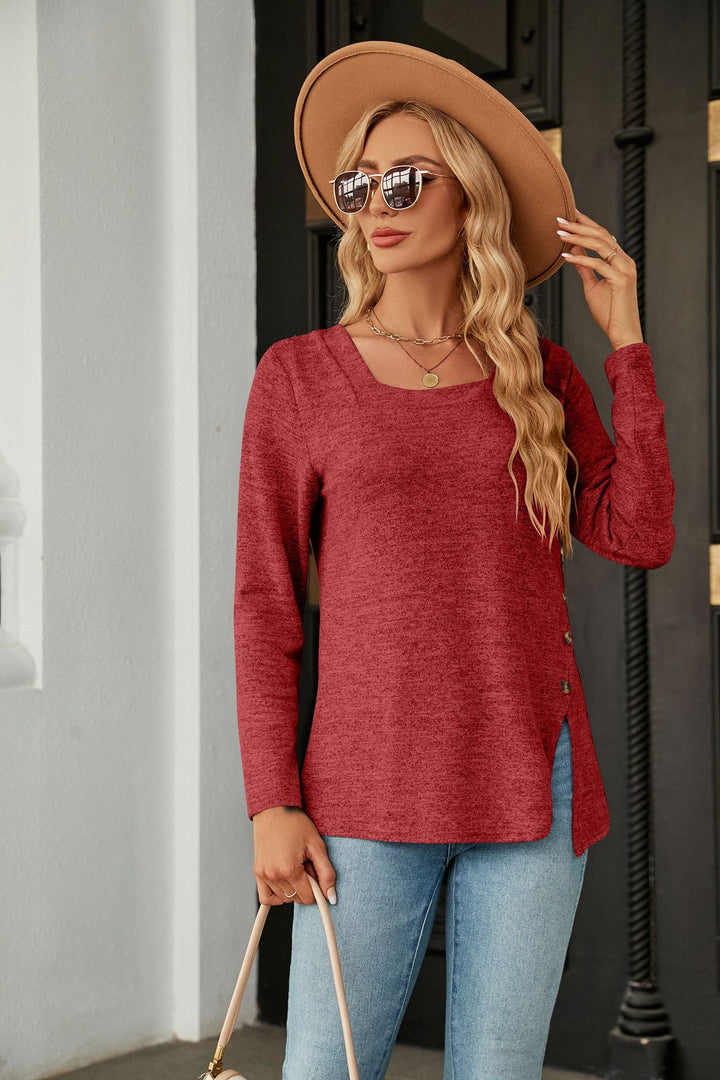 Red Full Sleeve Side Slit Top