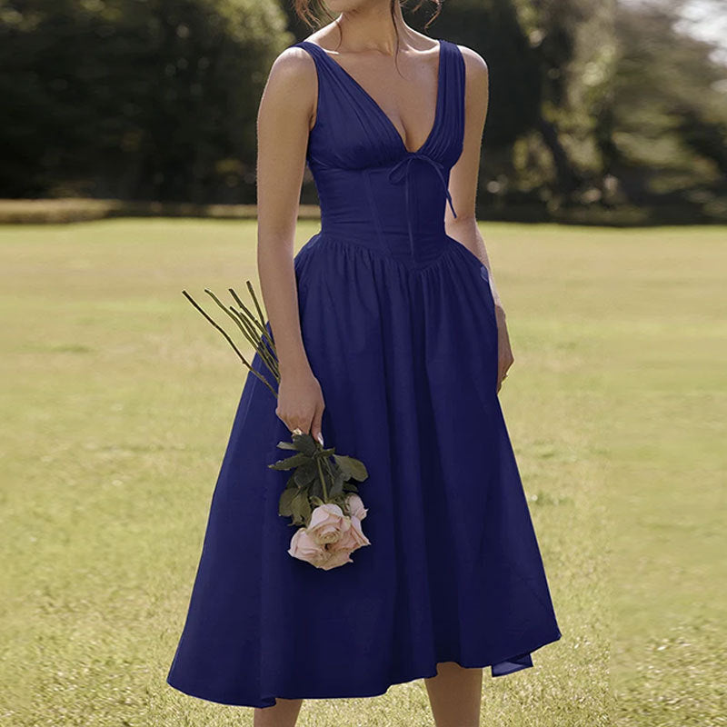 Blue V Neck Corset Flared Dress