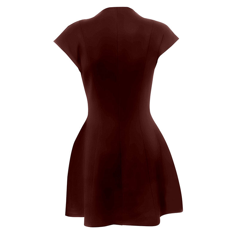 Wine High Neck Cap Sleeve Skater Dress