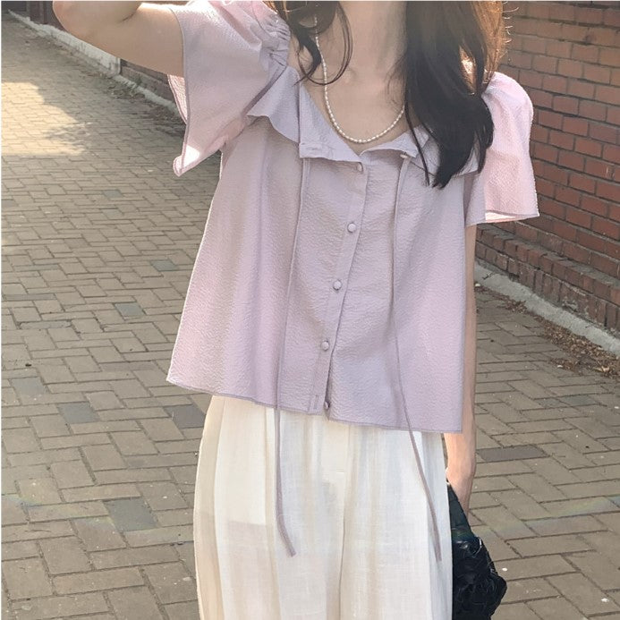 Purple Bow Detailed Sheer Top