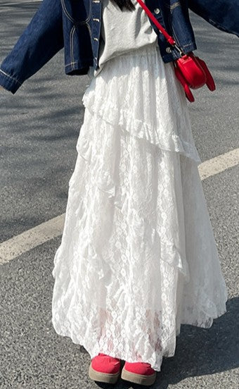 White Mesh Ruffled Skirt
