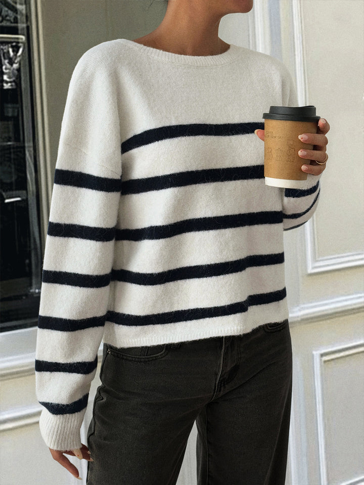 White Full Sleeve Round Neck Striped Sweatshirt