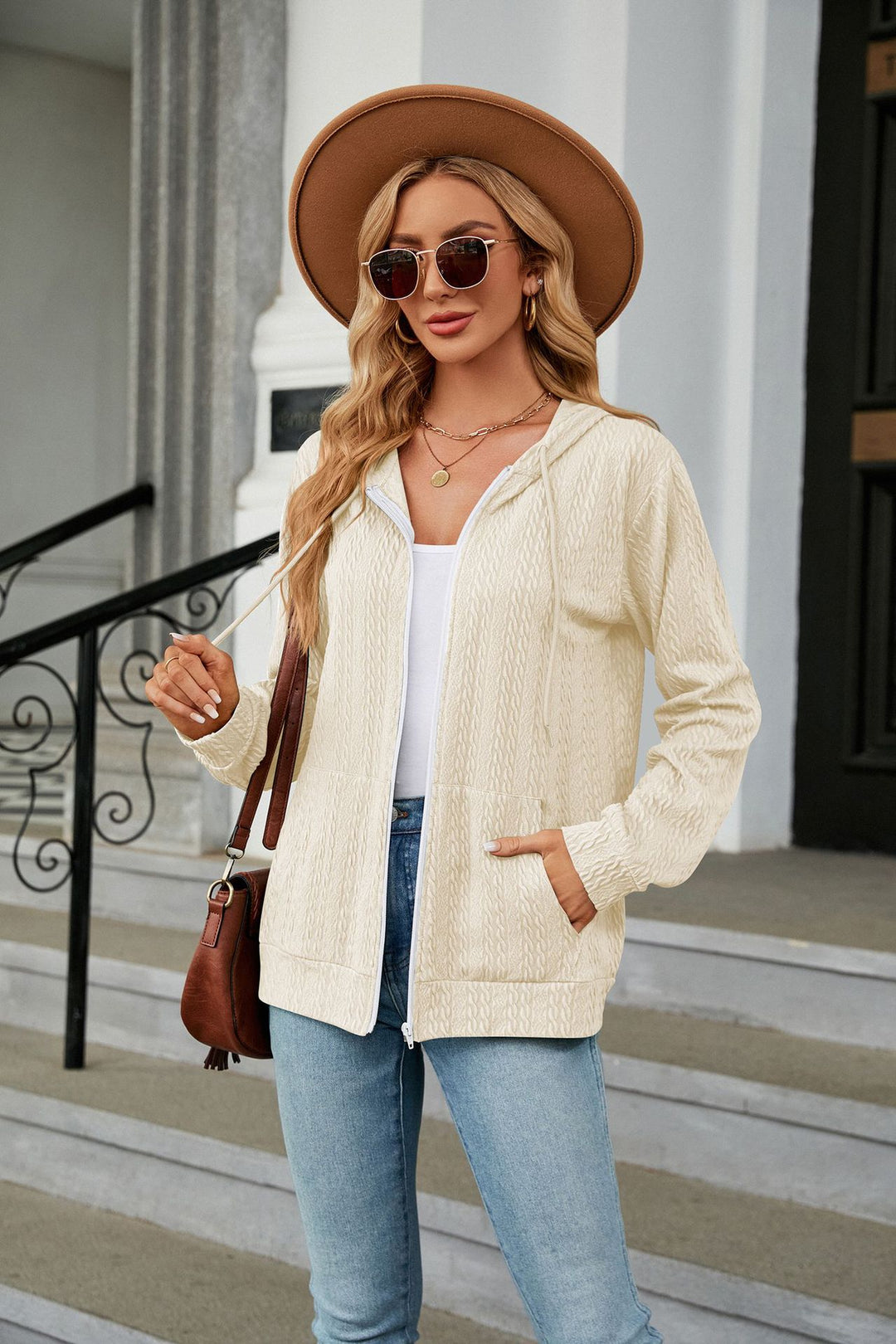 Cream Full Sleeves Front Zip Hooded Jackets