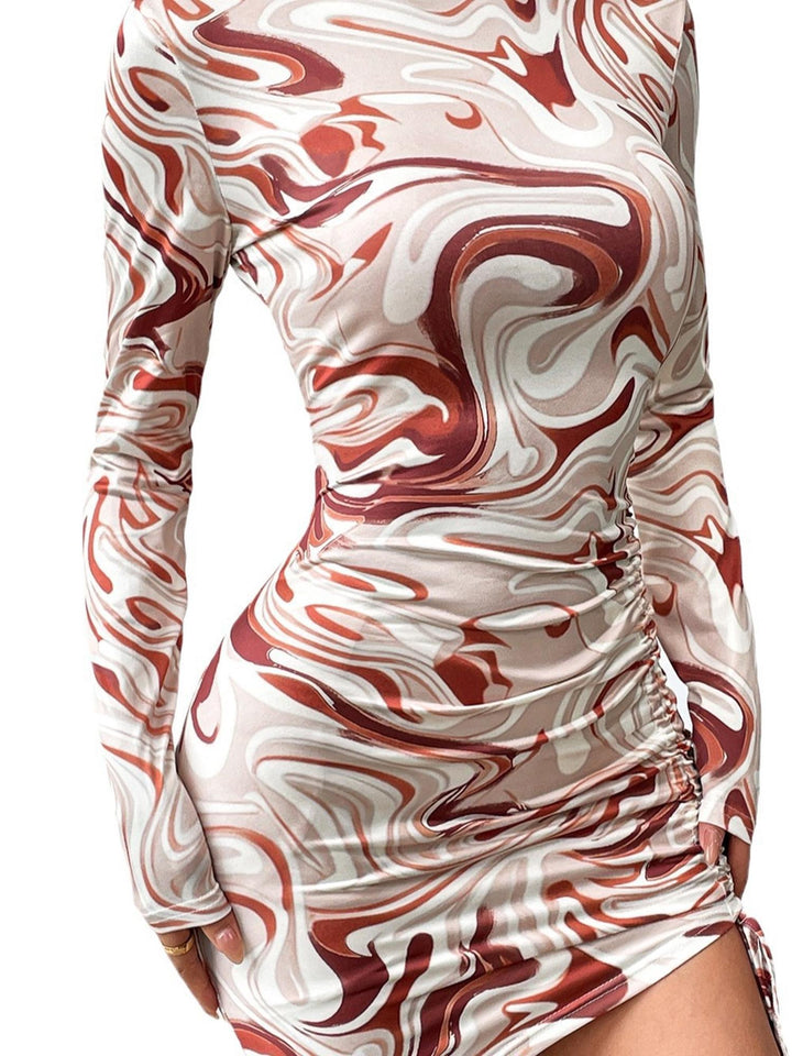 Beige Printed Full Sleeved Ruched Mini Dress