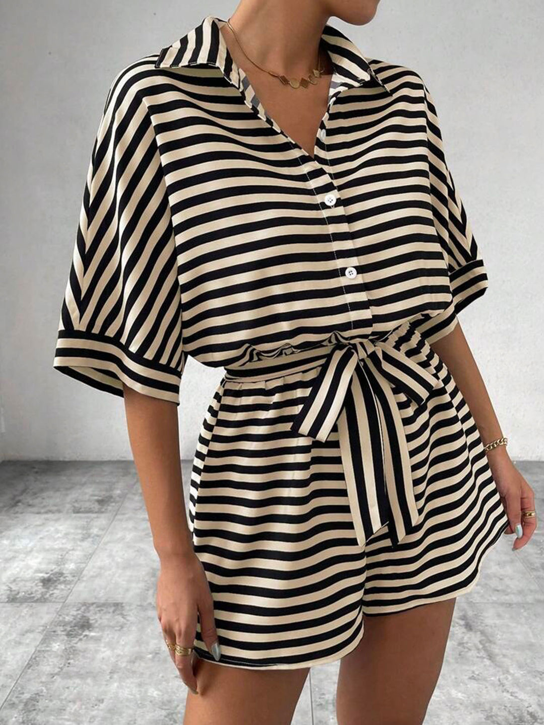 Beige Striped Waist Tie-Up Jumpsuits