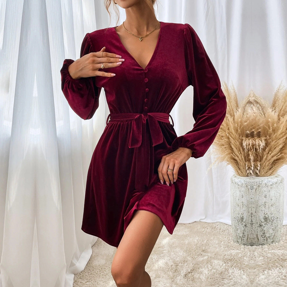 Burgundy V Neck Button Up Velour Dress With Tie Up