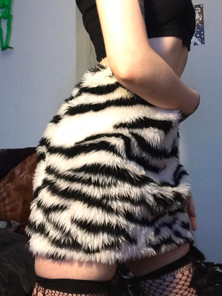 Black Animal Print Fur Skirt