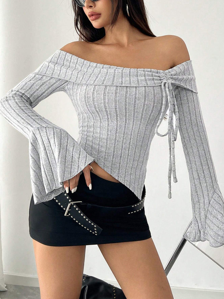 Grey Off Shoulder Bell Sleeve Asymmetrical Top