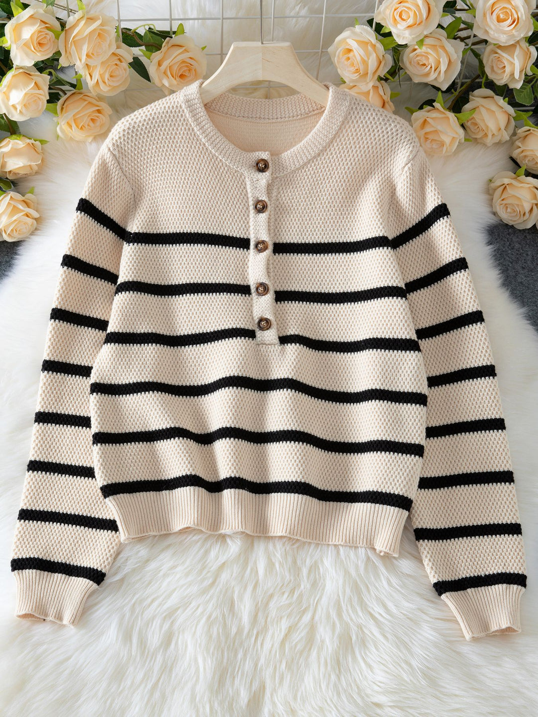 Cream Full Sleeves Striped Cardigan