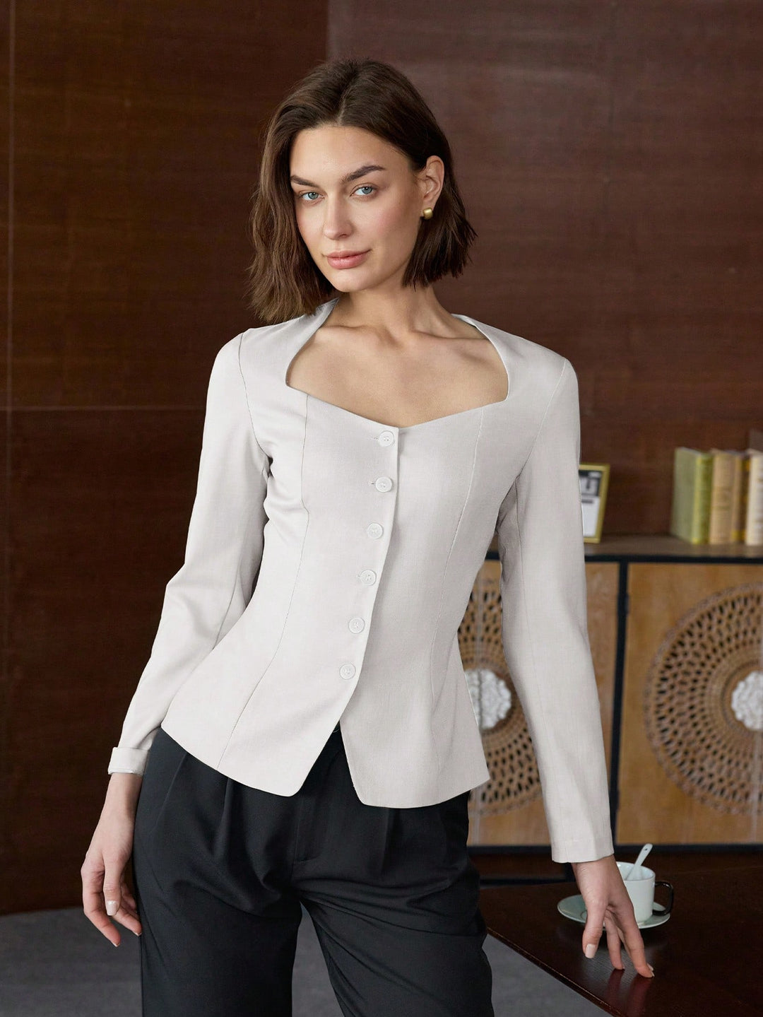 White Long Sleeve Front Button Top