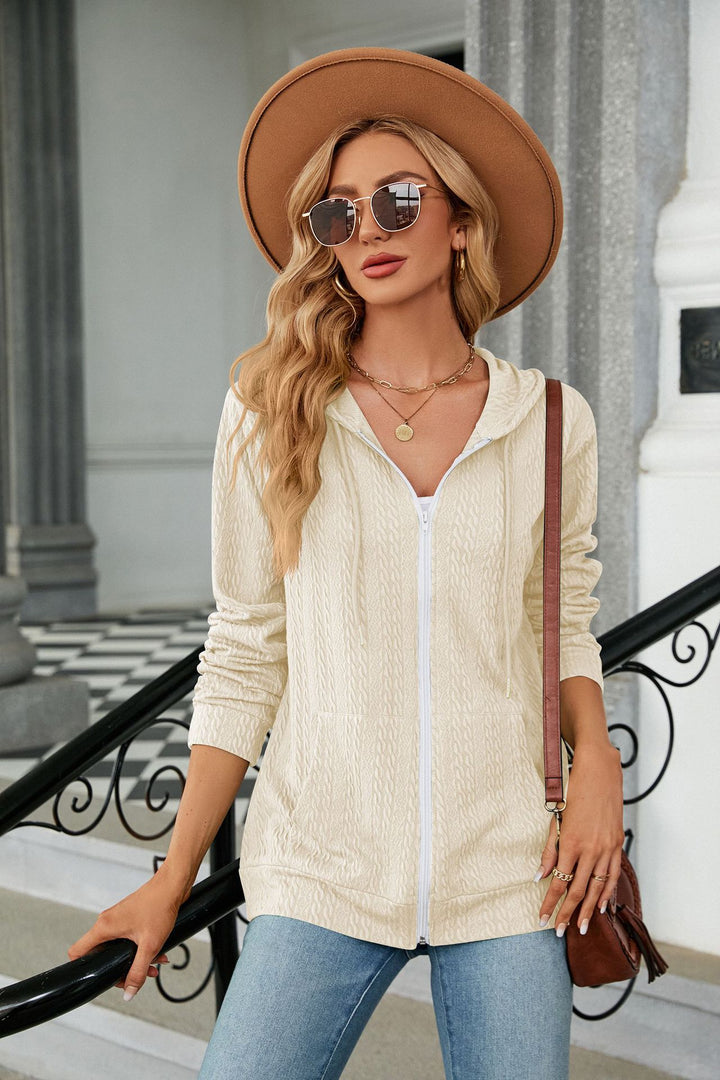 Cream Full Sleeves Front Zip Hooded Jackets