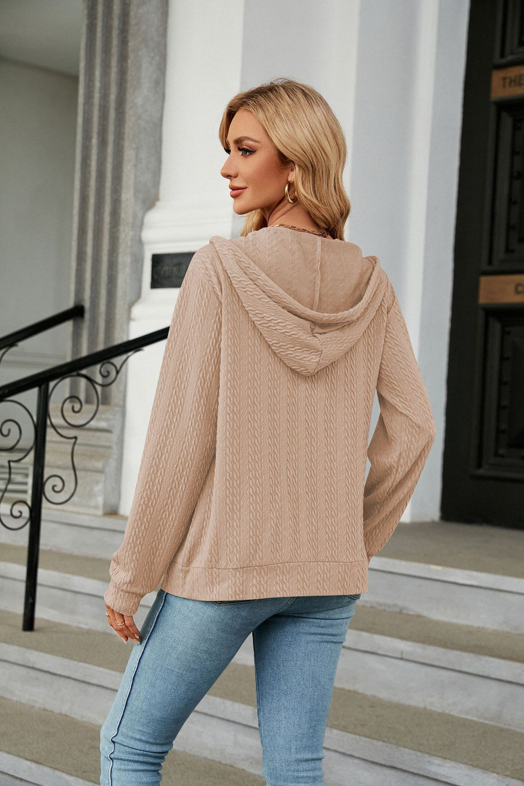 Beige Full Sleeves Front Zip Hooded Jackets