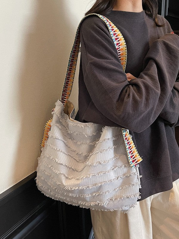 Grey Boho Fringe Tote Bag