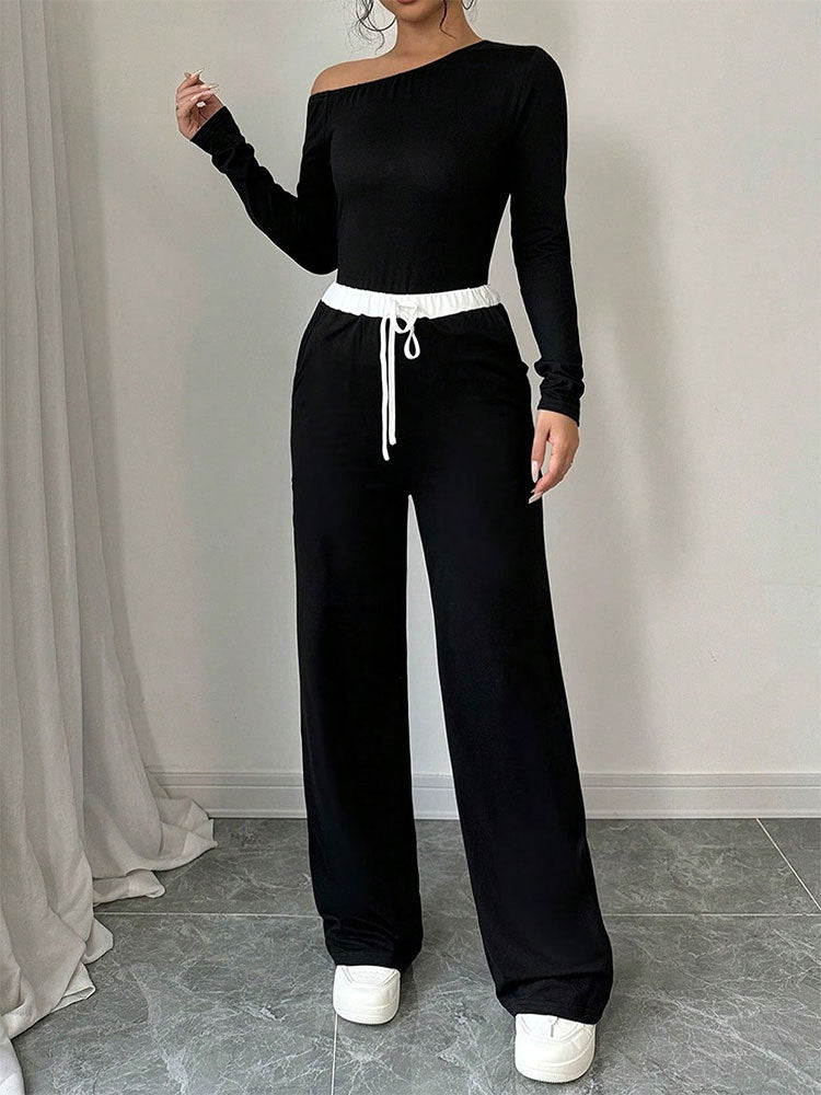 Black One Shoulder Top And Pants Co-Ord Set