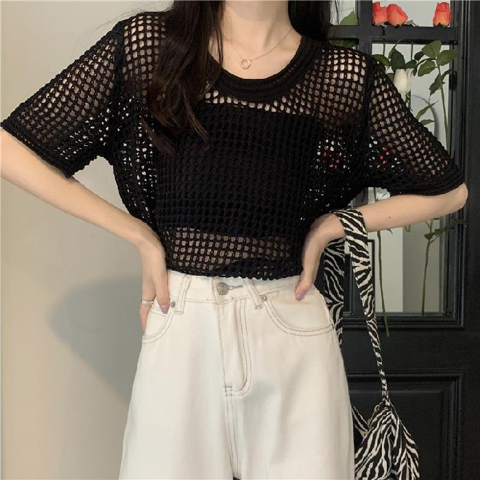 Black Short Sleeve Crochet Top
