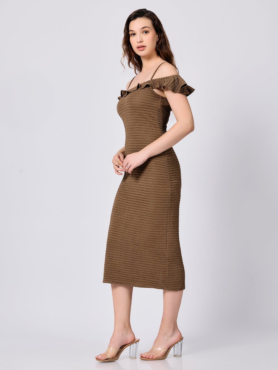 Olive Fitted Midi Textured Dress With Ruffle Detail