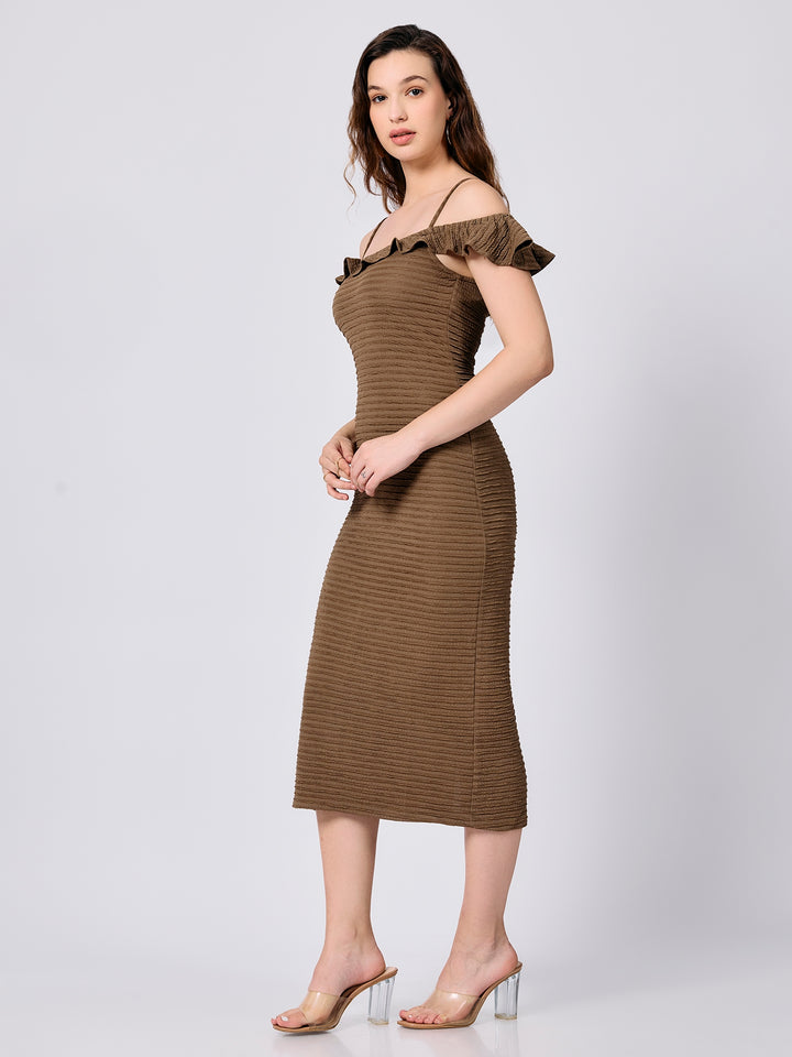 Olive Fitted Midi Textured Dress With Ruffle Detail