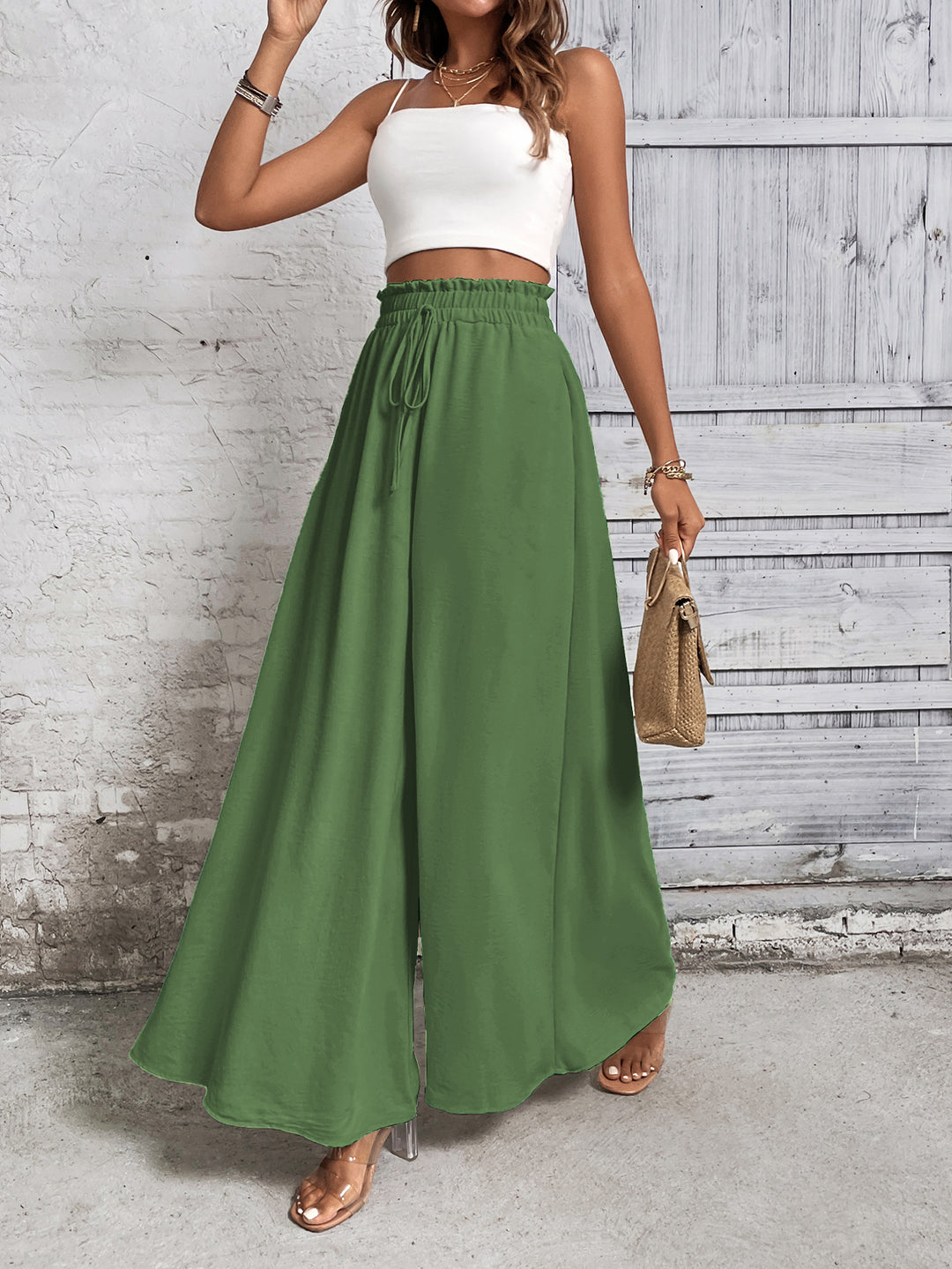 Green Smocked Waist Pull Up Trouser