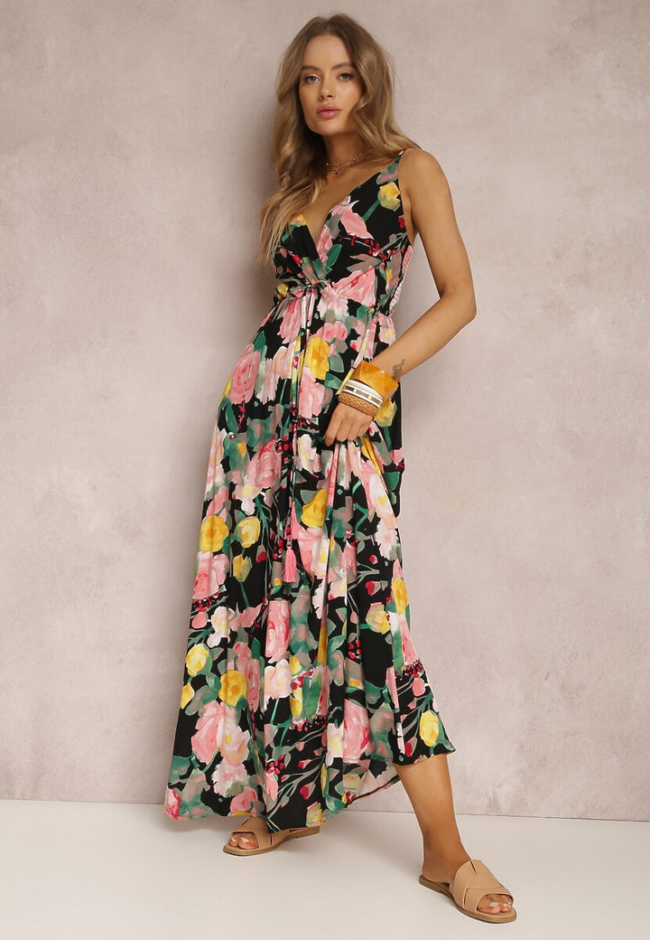 Black Shoulder Strap V Neck Printed Dress