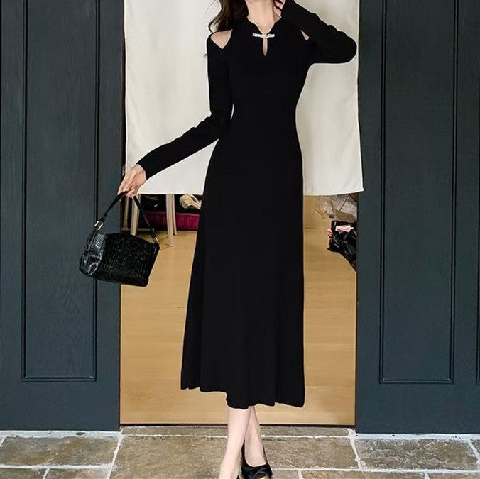 Black Fit And Flare Dress With Cut Out Shoulder