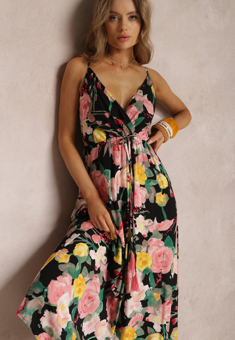 Black Shoulder Strap V Neck Printed Dress