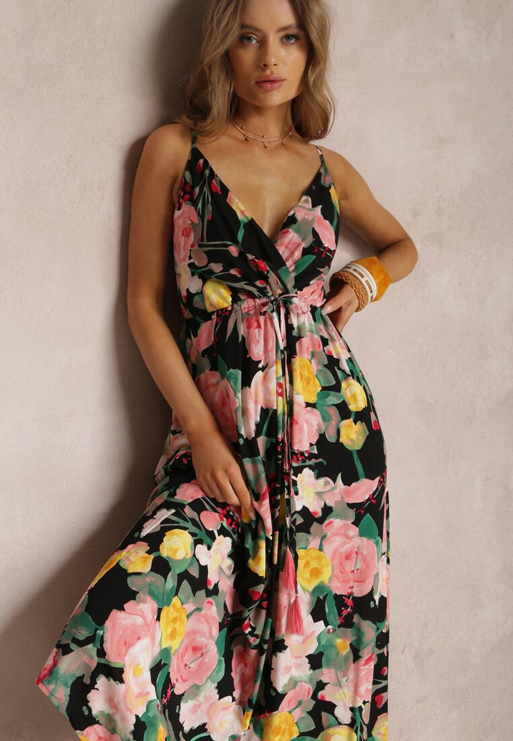 Black Shoulder Strap V Neck Printed Dress