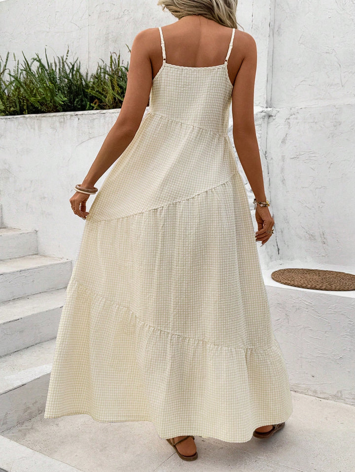 Cream Small Checkered Strappy Tiered Dress