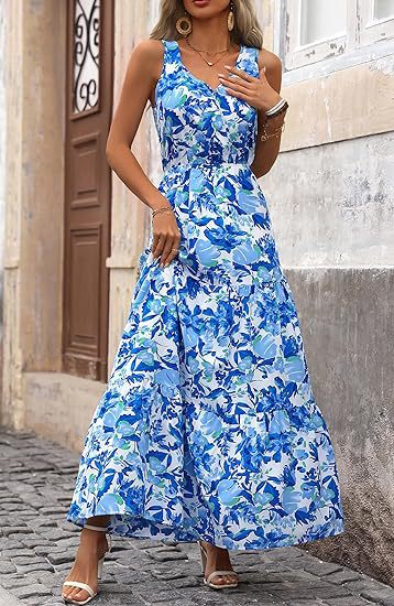 Blue V Neck Printed Cinched Waist Dress