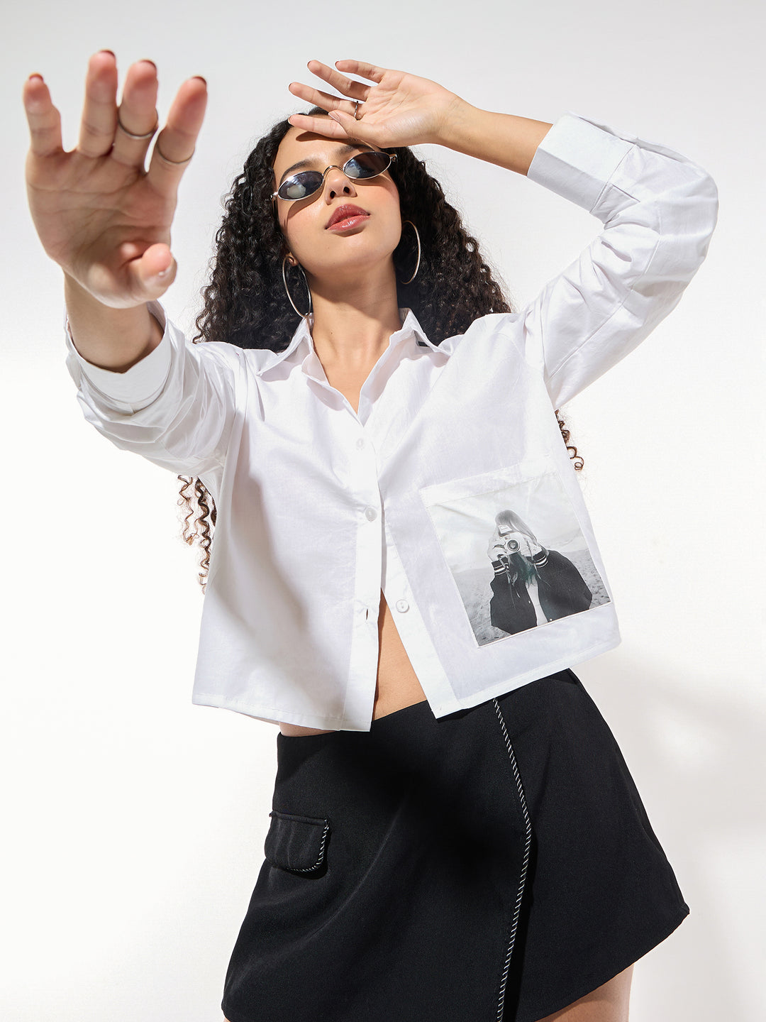 White Cropped Printed Shirt