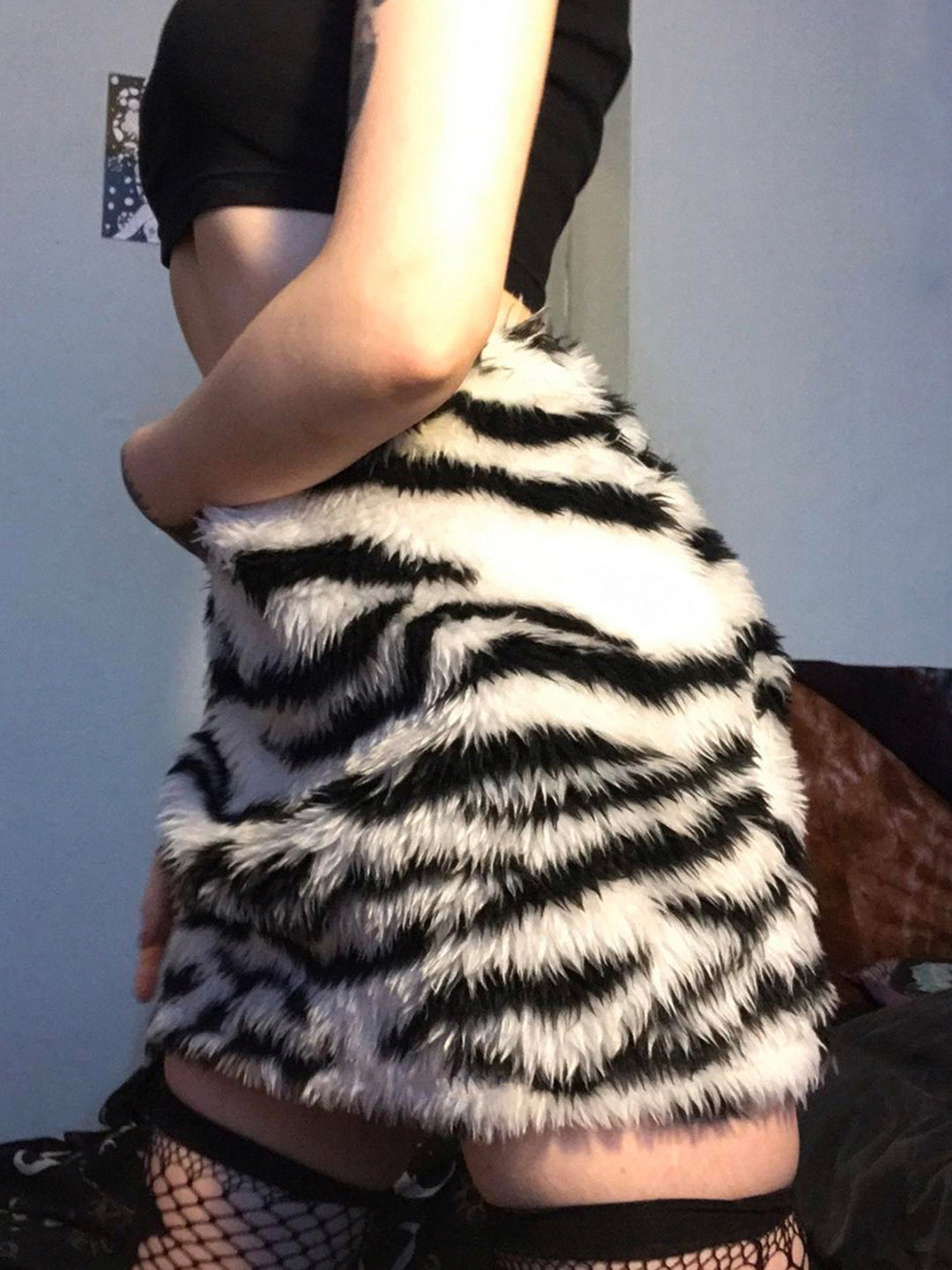 Black Animal Print Fur Skirt