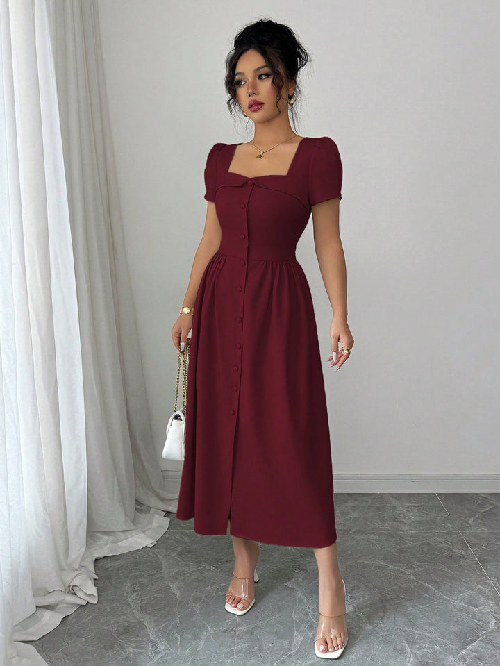 Wine Puff Sleeve Front Button Dress