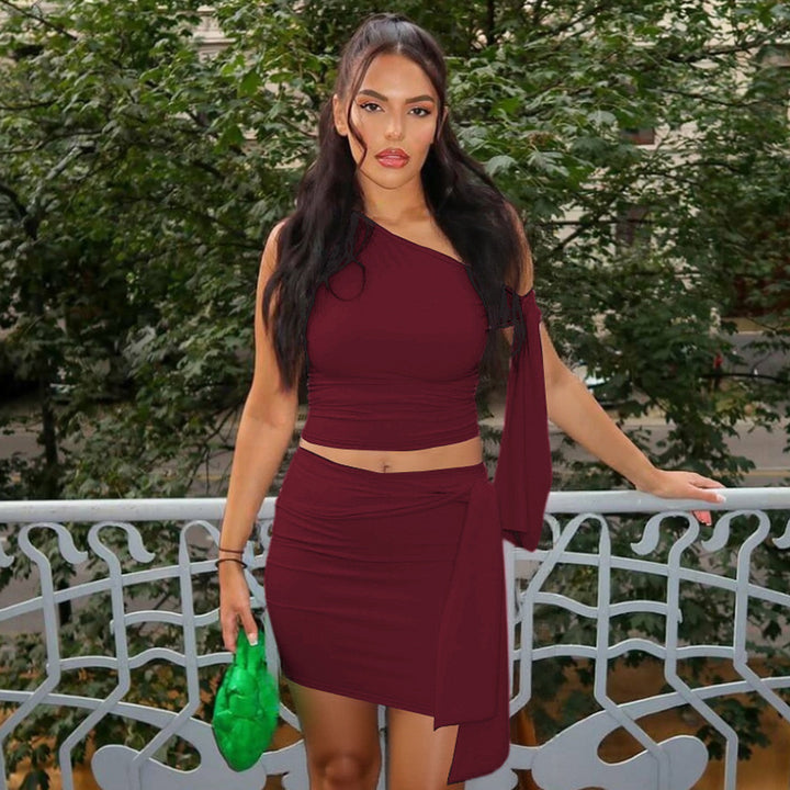 Burgundy One-Off Shoulder Top With Mini Skirt Co-Ord Set